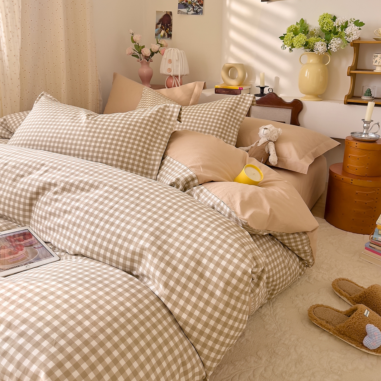 91家纺网 家纺一手货源 找家纺 DoDo 兜兜 2026年全棉纯棉ins风小清新四件套 太妃奶盖-枕套混搭（格子+纯色）