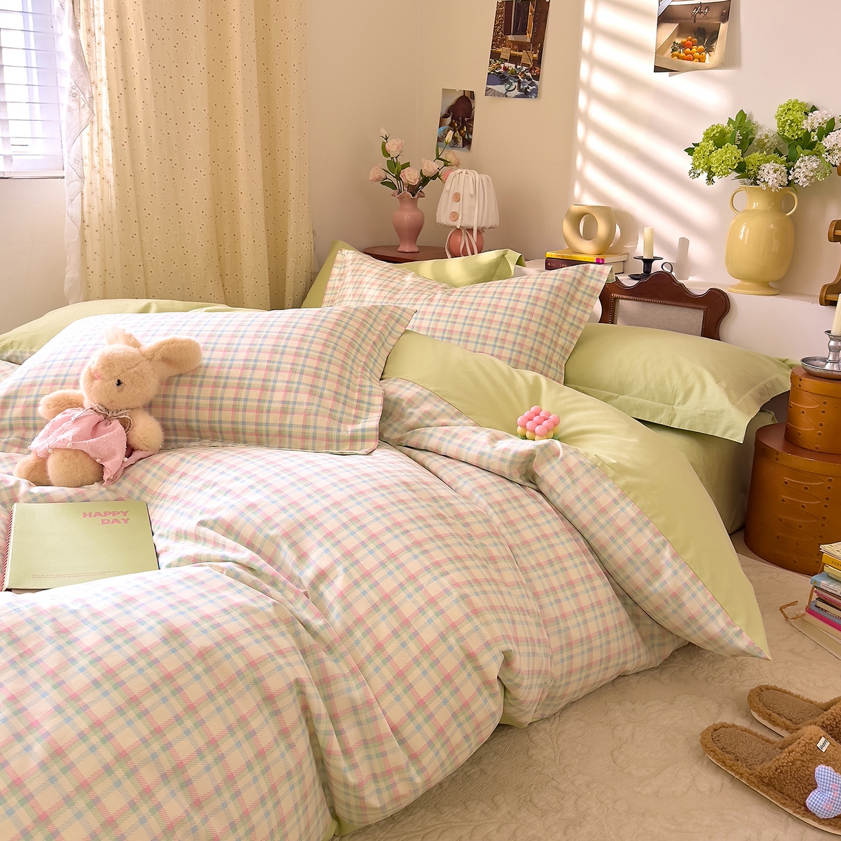 91家纺网 家纺一手货源 找家纺 DoDo 兜兜 2026年全棉纯棉ins风小清新四件套 彩虹奶盖-枕套1对格子