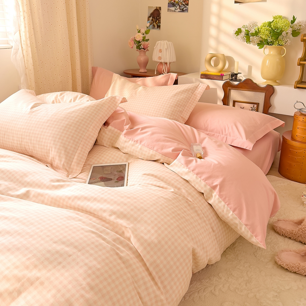 91家纺网 家纺一手货源 找家纺 DoDo 兜兜 2026年全棉纯棉ins风小清新四件套 樱粉奶盖-枕套1对格子