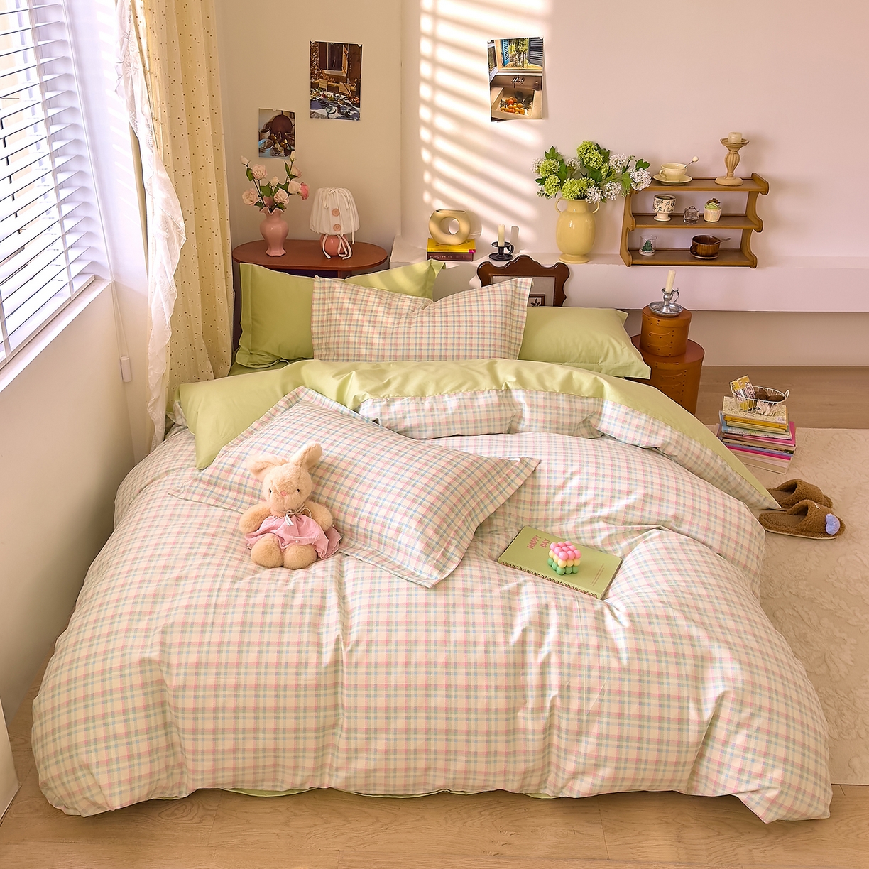 91家纺网 家纺一手货源 找家纺 DoDo 兜兜 2026年全棉纯棉ins风小清新四件套 彩虹奶盖-枕套混搭（格子+纯色）