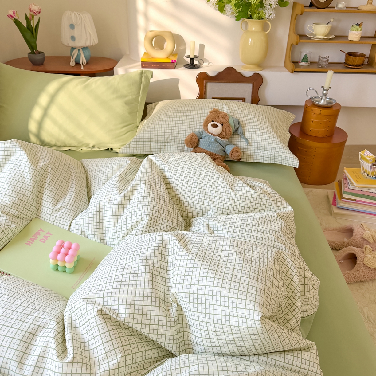 91家纺网 家纺一手货源 找家纺 DoDo 兜兜 2026年全棉纯棉ins风小清新四件套 青提奶盖-枕套混搭（格子+纯色）