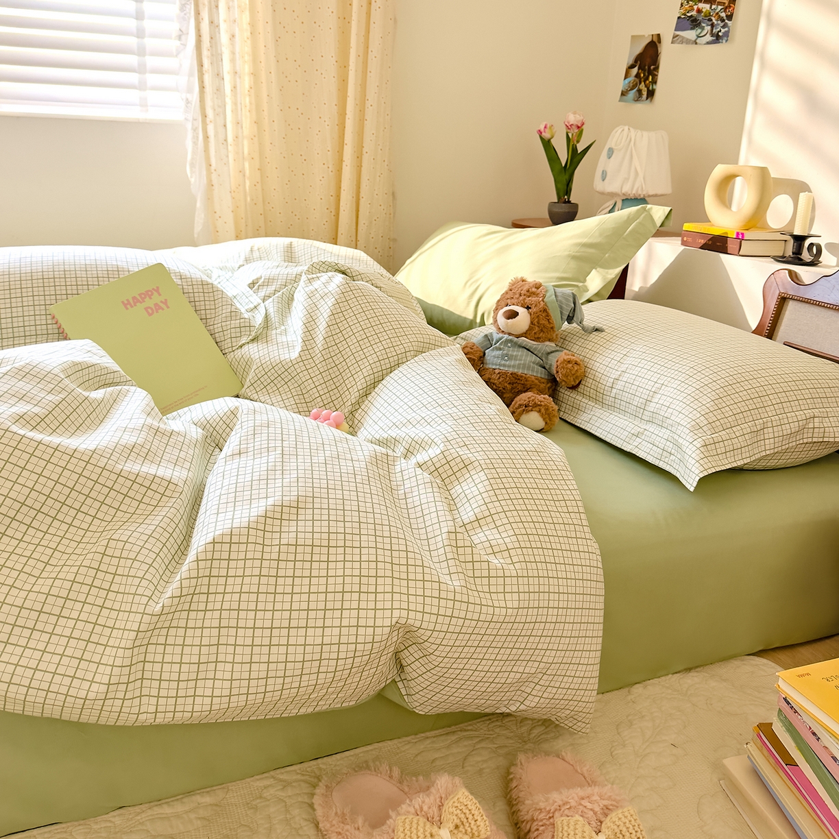 91家纺网 家纺一手货源 找家纺 DoDo 兜兜 2026年全棉纯棉ins风小清新四件套 青提奶盖-枕套1对格子