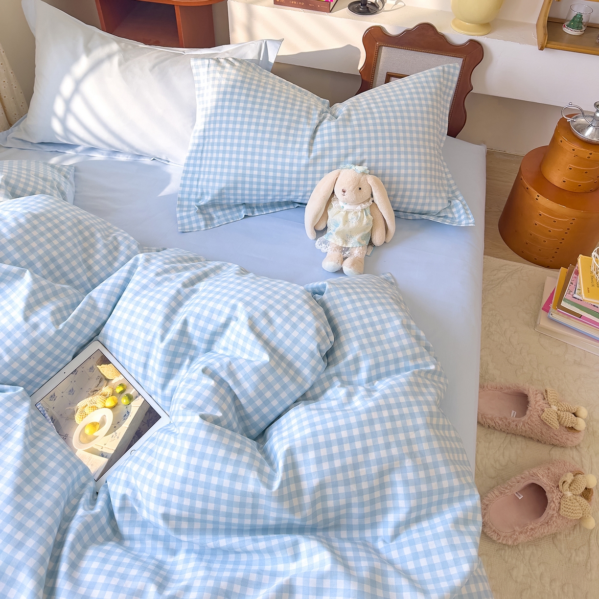91家纺网 家纺一手货源 找家纺 DoDo 兜兜 2026年全棉纯棉ins风小清新四件套 晴空奶盖--枕套混搭（格子+纯色）
