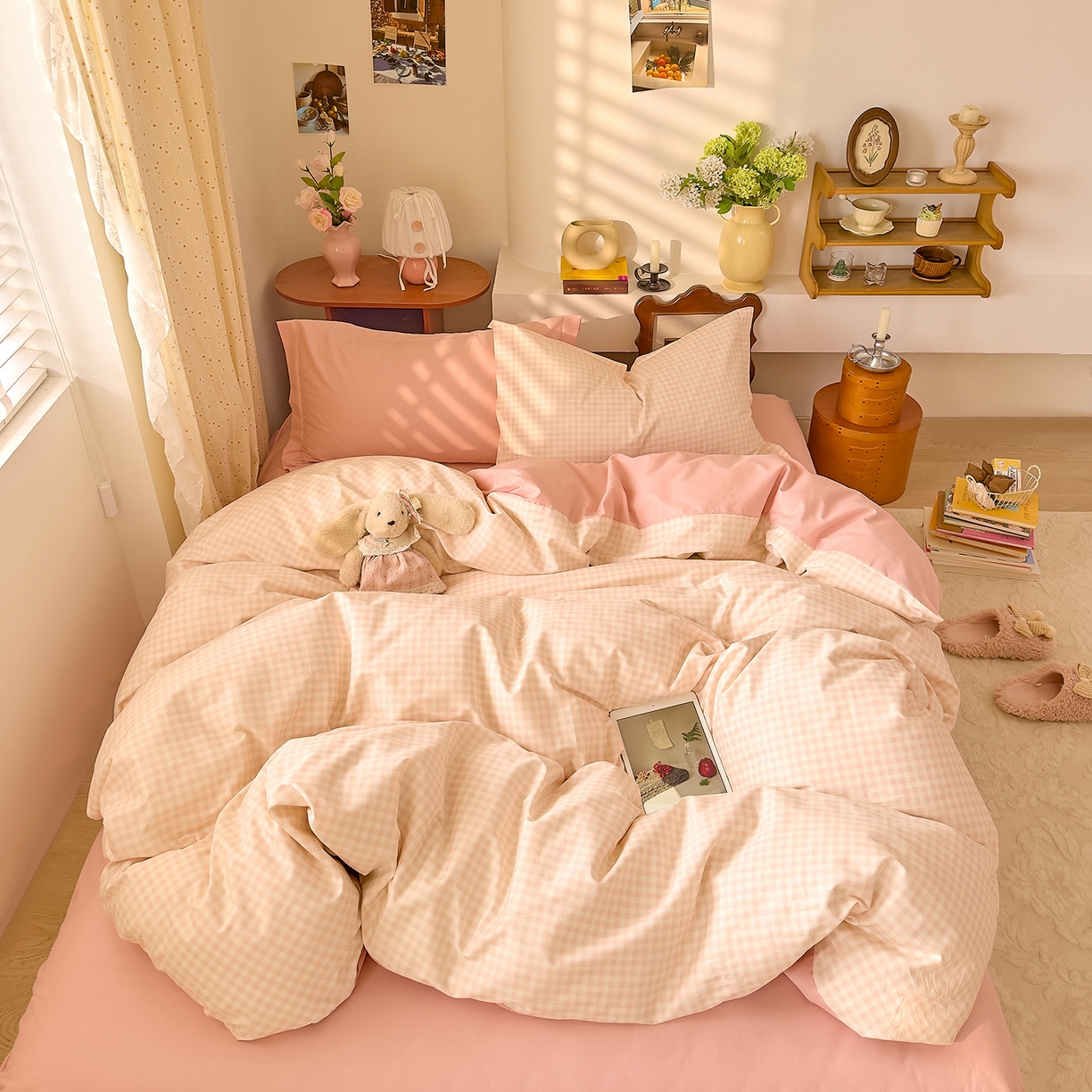91家纺网 家纺一手货源 找家纺 DoDo 兜兜 2026年全棉纯棉ins风小清新四件套 樱粉奶盖-枕套混搭（格子+纯色）