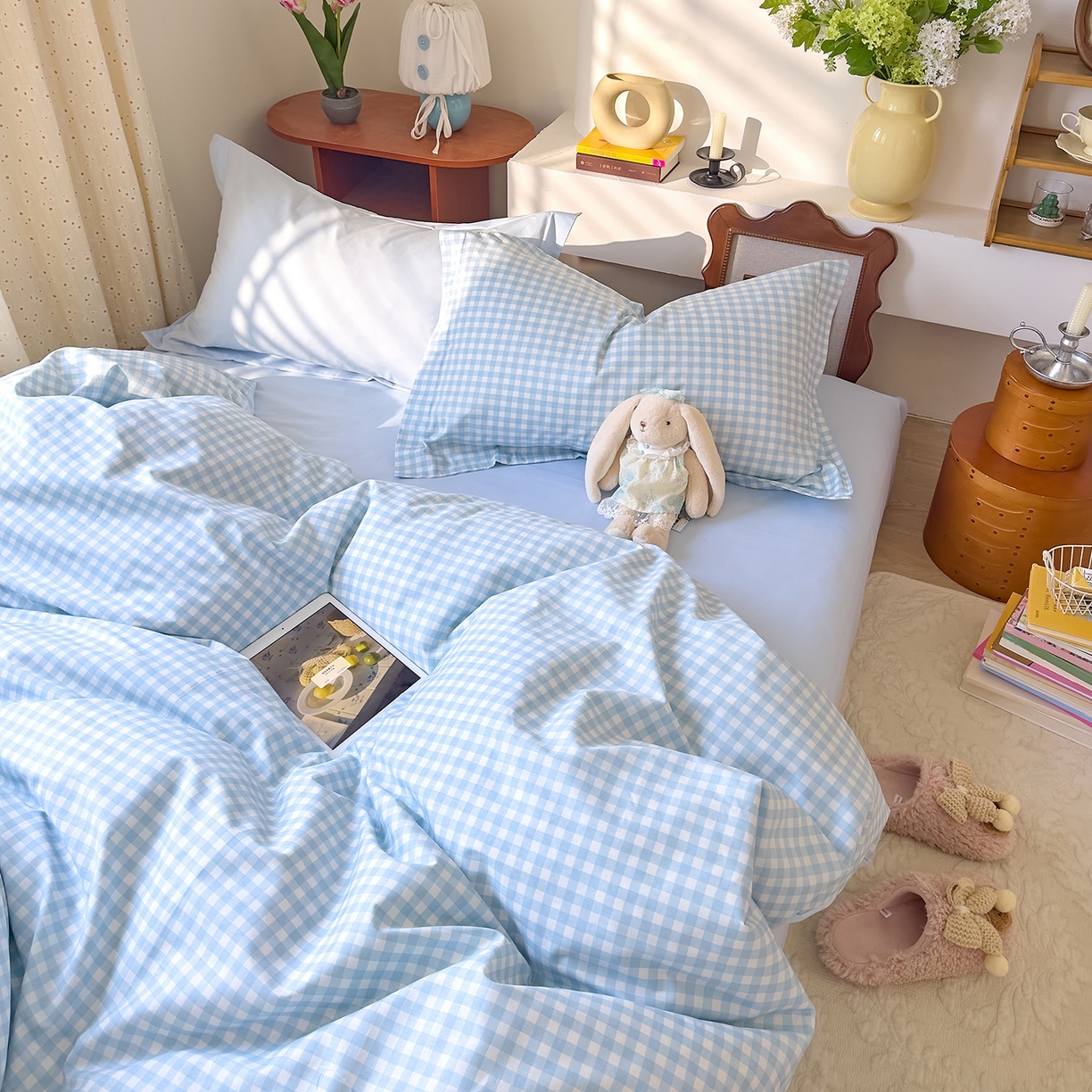 91家纺网 家纺一手货源 找家纺 DoDo 兜兜 2026年全棉纯棉ins风小清新四件套 晴空奶盖--枕套混搭（格子+纯色）