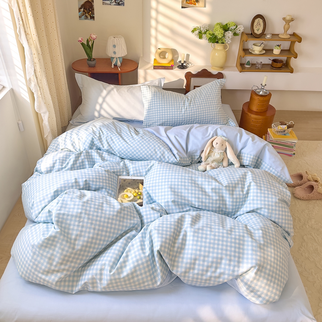 91家纺网 家纺一手货源 找家纺 DoDo 兜兜 2026年全棉纯棉ins风小清新四件套 晴空奶盖--枕套混搭（格子+纯色）