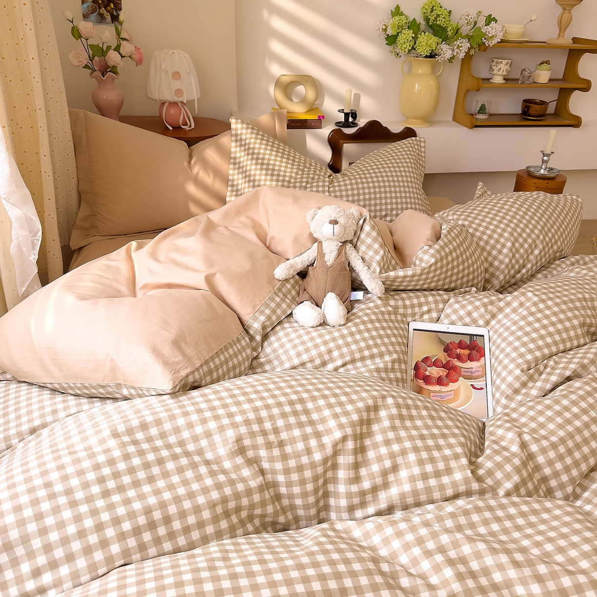 91家纺网 家纺一手货源 找家纺 DoDo 兜兜 2026年全棉纯棉ins风小清新四件套 太妃奶盖-枕套混搭（格子+纯色）