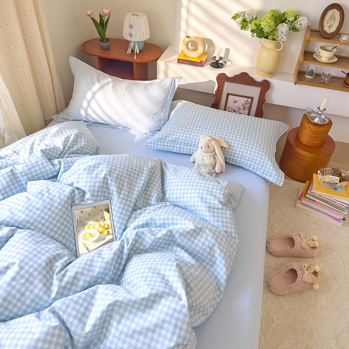 91家纺网 家纺一手货源 找家纺 DoDo 兜兜 2026年全棉纯棉ins风小清新四件套 晴空奶盖--枕套混搭（格子+纯色）