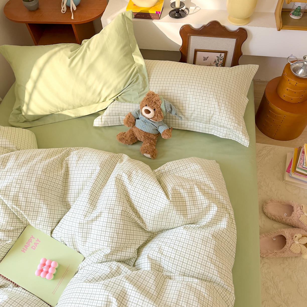 91家纺网 家纺一手货源 找家纺 DoDo 兜兜 2026年全棉纯棉ins风小清新四件套 青提奶盖-枕套混搭（格子+纯色）