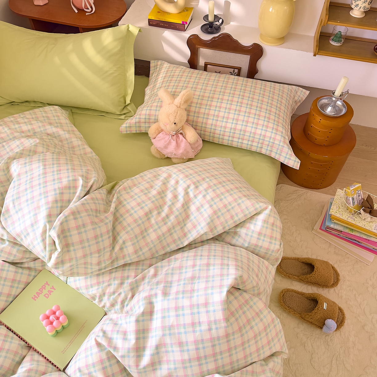 91家纺网 家纺一手货源 找家纺 DoDo 兜兜 2026年全棉纯棉ins风小清新四件套 彩虹奶盖-枕套混搭（格子+纯色）