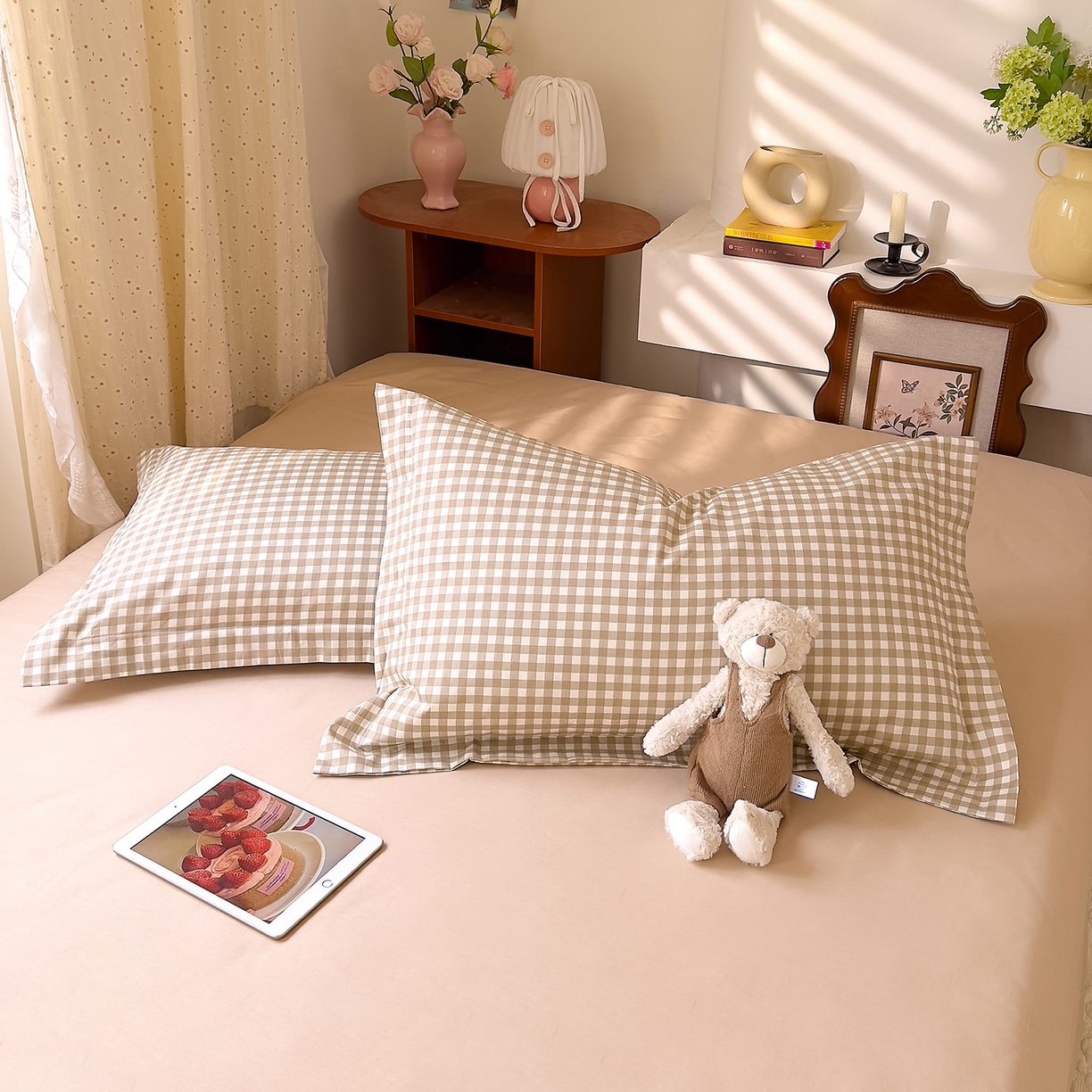 91家纺网 家纺一手货源 找家纺 DoDo 兜兜 2026年全棉纯棉ins风小清新四件套 太妃奶盖-枕套1对格子