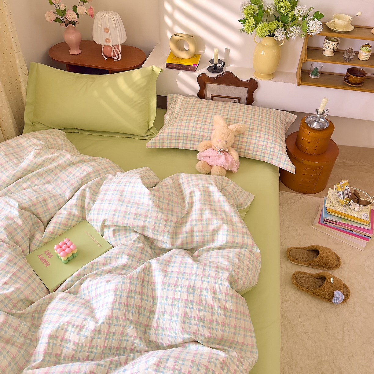 91家纺网 家纺一手货源 找家纺 DoDo 兜兜 2026年全棉纯棉ins风小清新四件套 彩虹奶盖-枕套混搭（格子+纯色）