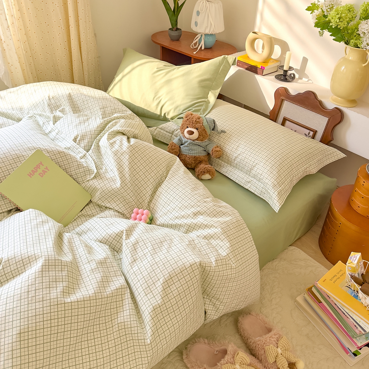 91家纺网 家纺一手货源 找家纺 DoDo 兜兜 2026年全棉纯棉ins风小清新四件套 青提奶盖-枕套混搭（格子+纯色）