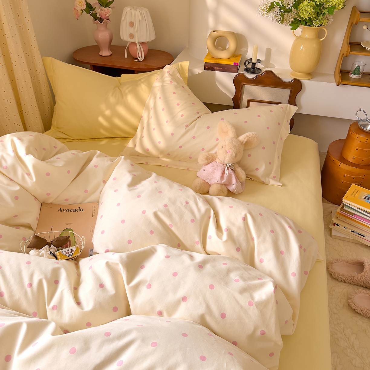 91家纺网 家纺一手货源 找家纺 DoDo 兜兜 2026年全棉纯棉ins风小清新四件套 波点奶盖-枕套混搭（波点+纯色）