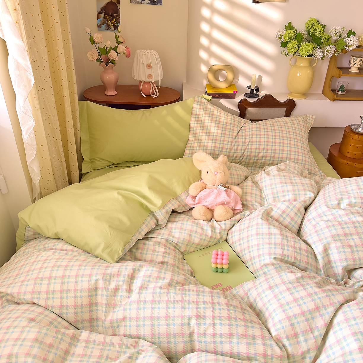 91家纺网 家纺一手货源 找家纺 DoDo 兜兜 2026年全棉纯棉ins风小清新四件套 彩虹奶盖-枕套混搭（格子+纯色）