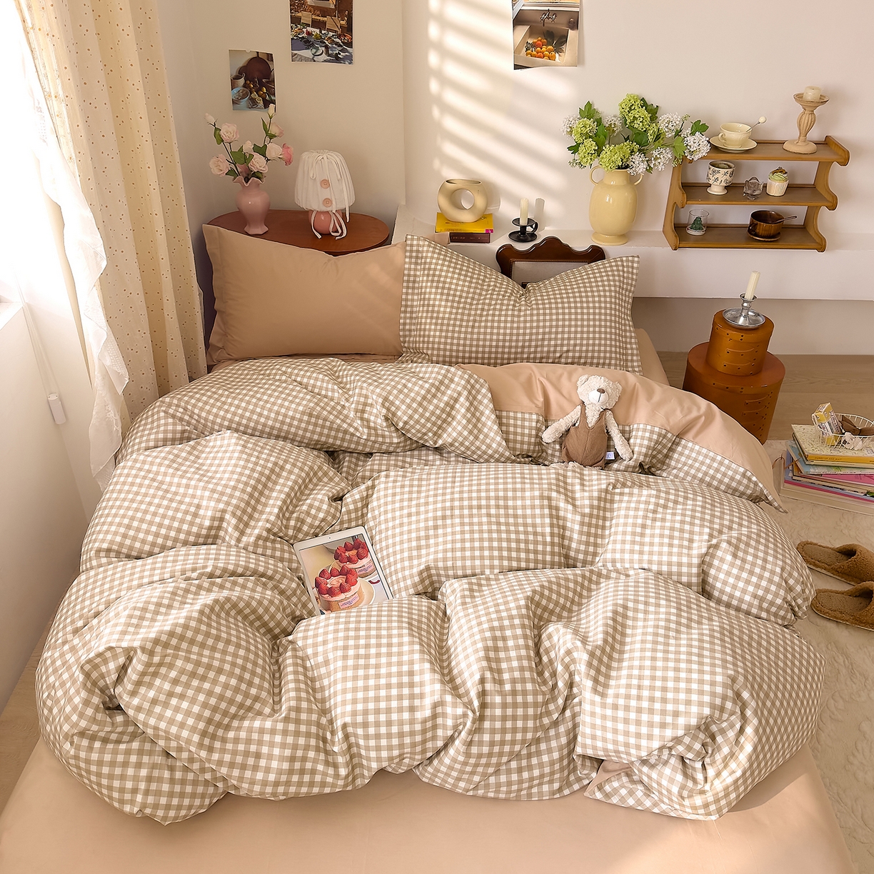 91家纺网 家纺一手货源 找家纺 DoDo 兜兜 2026年全棉纯棉ins风小清新四件套 太妃奶盖-枕套混搭（格子+纯色）