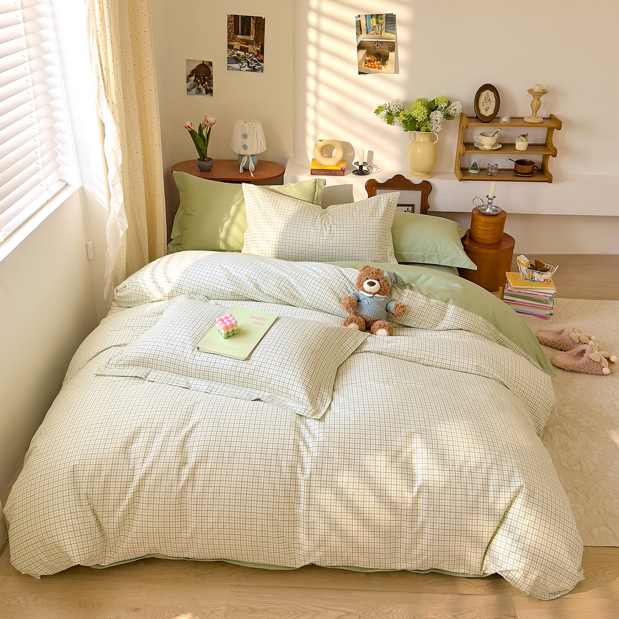 91家纺网 家纺一手货源 找家纺 DoDo 兜兜 2026年全棉纯棉ins风小清新四件套 青提奶盖-枕套混搭（格子+纯色）