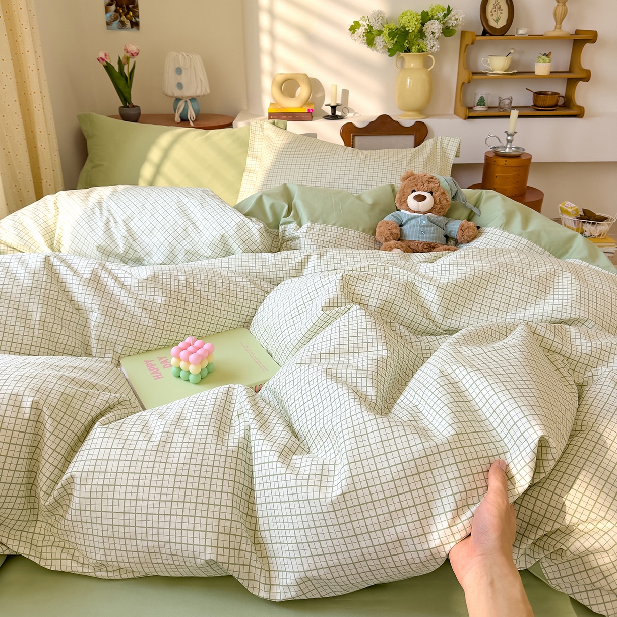 91家纺网 家纺一手货源 找家纺 DoDo 兜兜 2026年全棉纯棉ins风小清新四件套 青提奶盖-枕套混搭（格子+纯色）
