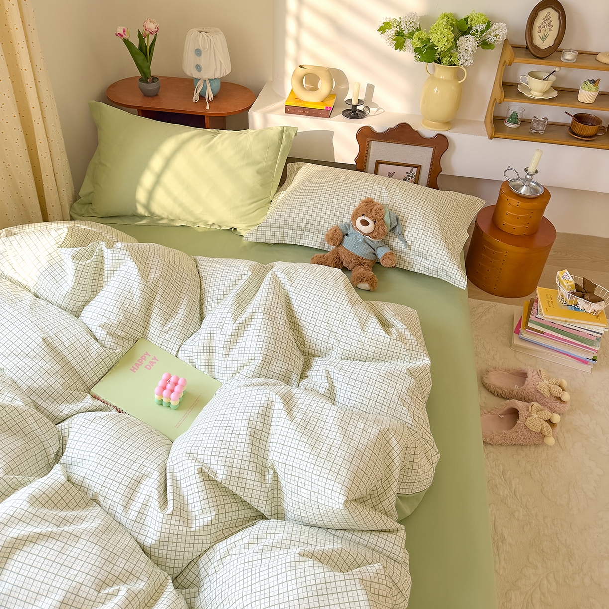 91家纺网 家纺一手货源 找家纺 DoDo 兜兜 2026年全棉纯棉ins风小清新四件套 青提奶盖-枕套混搭（格子+纯色）