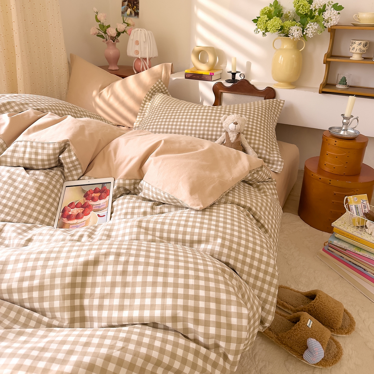 91家纺网 家纺一手货源 找家纺 DoDo 兜兜 2026年全棉纯棉ins风小清新四件套 太妃奶盖-枕套1对格子