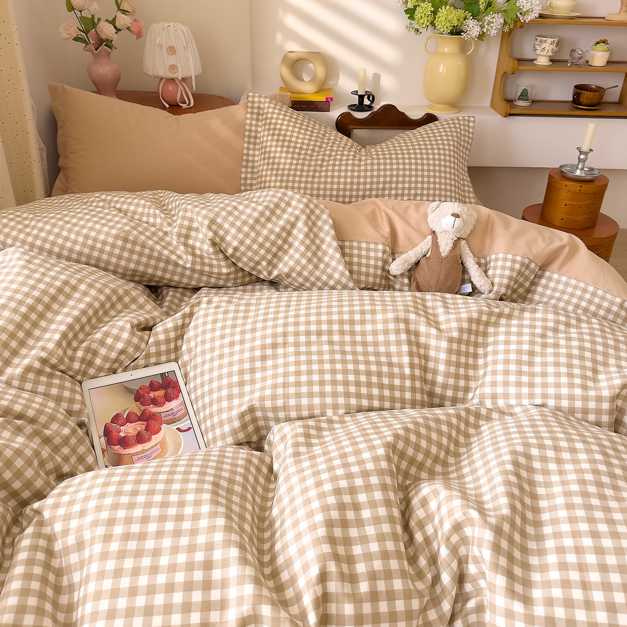 91家纺网 家纺一手货源 找家纺 DoDo 兜兜 2026年全棉纯棉ins风小清新四件套 太妃奶盖-枕套混搭（格子+纯色）