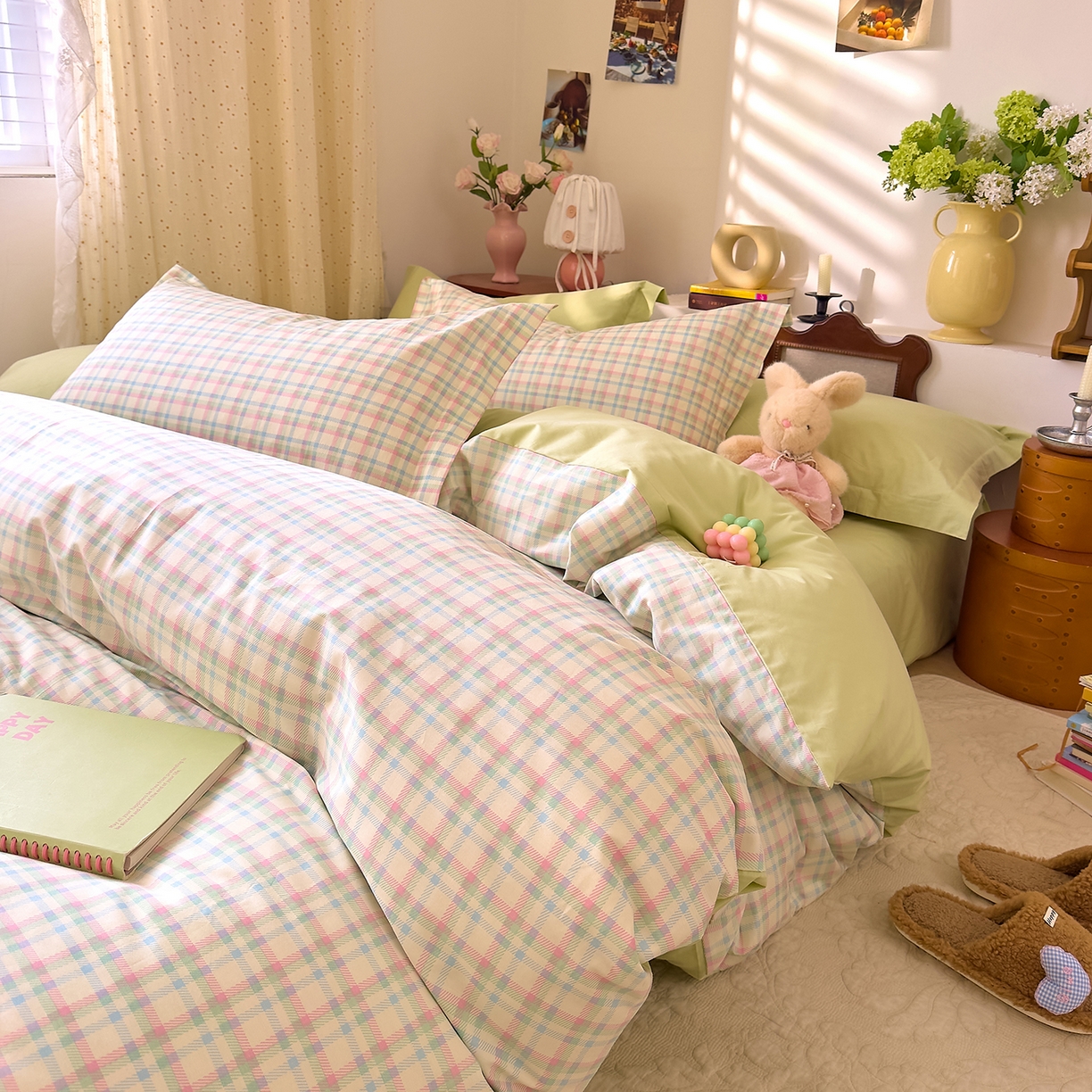 91家纺网 家纺一手货源 找家纺 DoDo 兜兜 2026年全棉纯棉ins风小清新四件套 彩虹奶盖-枕套混搭（格子+纯色）