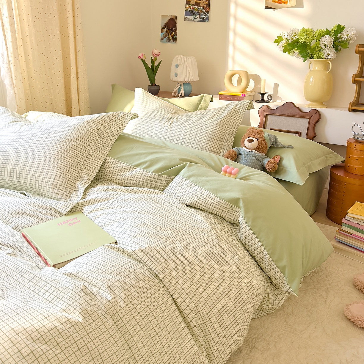 91家纺网 家纺一手货源 找家纺 DoDo 兜兜 2026年全棉纯棉ins风小清新四件套 青提奶盖-枕套混搭（格子+纯色）