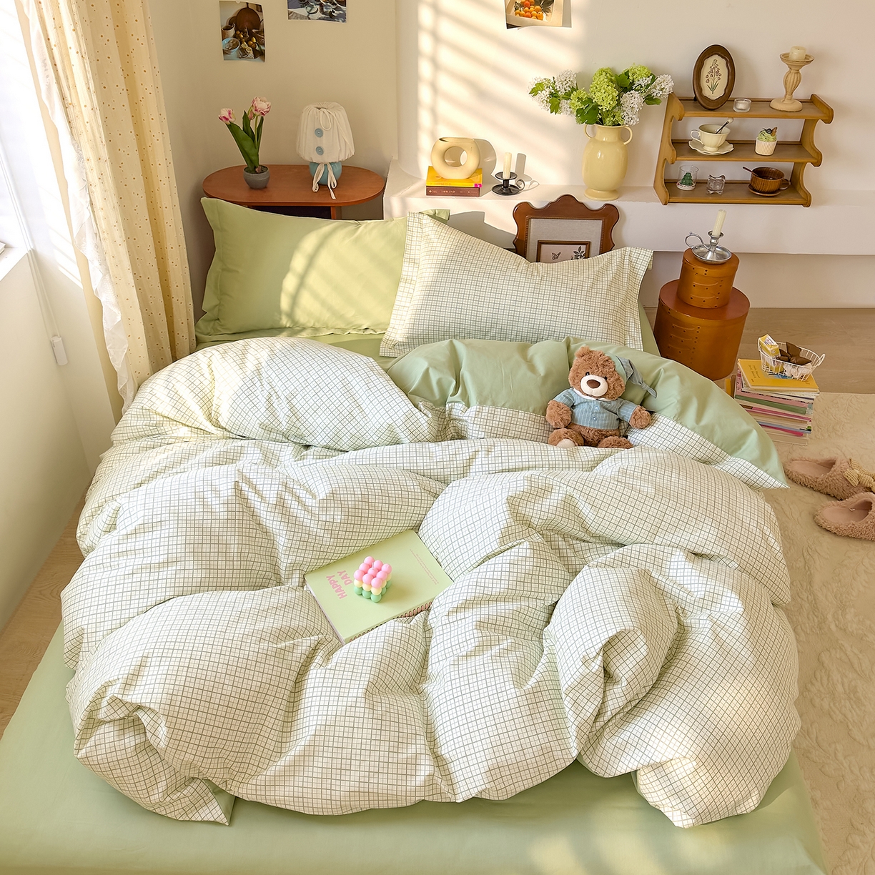 91家纺网 家纺一手货源 找家纺 DoDo 兜兜 2026年全棉纯棉ins风小清新四件套 青提奶盖-枕套1对格子