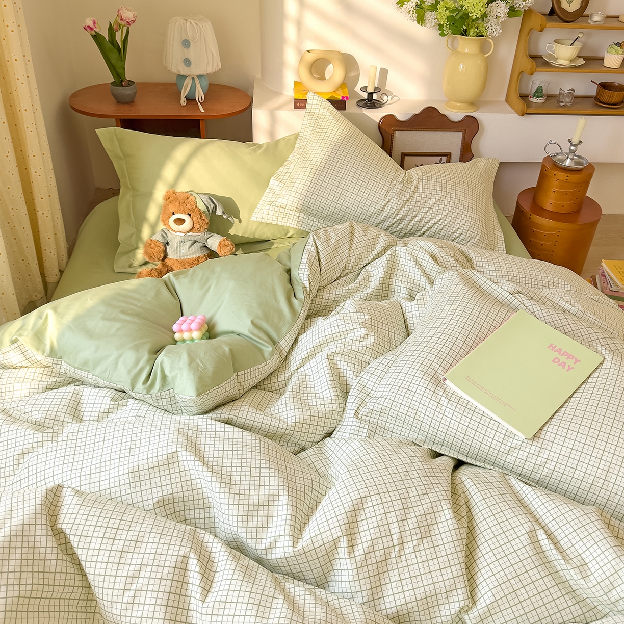 91家纺网 家纺一手货源 找家纺 DoDo 兜兜 2026年全棉纯棉ins风小清新四件套 青提奶盖-枕套混搭（格子+纯色）