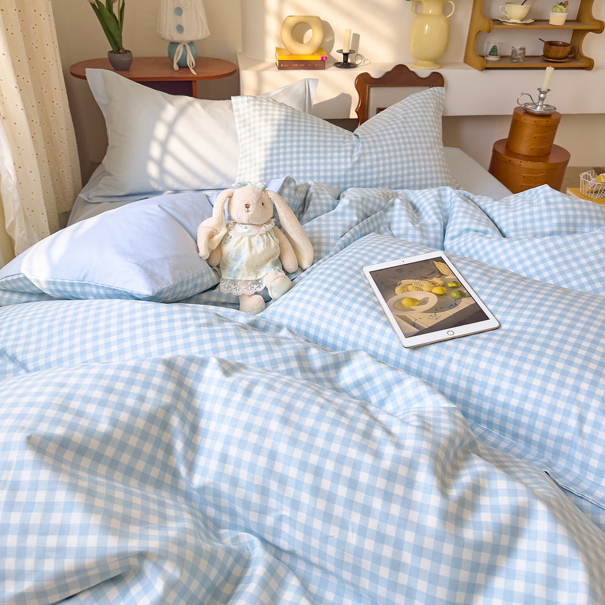 91家纺网 家纺一手货源 找家纺 DoDo 兜兜 2026年全棉纯棉ins风小清新四件套 晴空奶盖-枕套1对格子