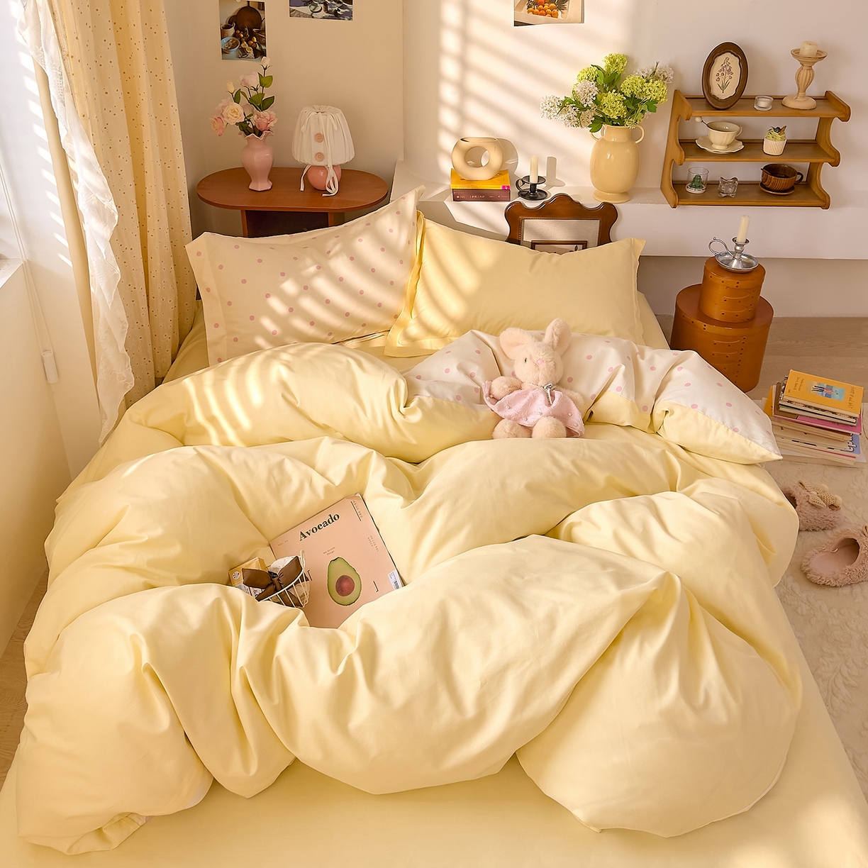 91家纺网 家纺一手货源 找家纺 DoDo 兜兜 2026年全棉纯棉ins风小清新四件套 波点奶盖-枕套混搭（波点+纯色）