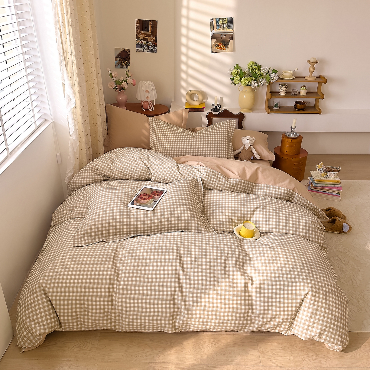 91家纺网 家纺一手货源 找家纺 DoDo 兜兜 2026年全棉纯棉ins风小清新四件套 太妃奶盖-枕套混搭（格子+纯色）