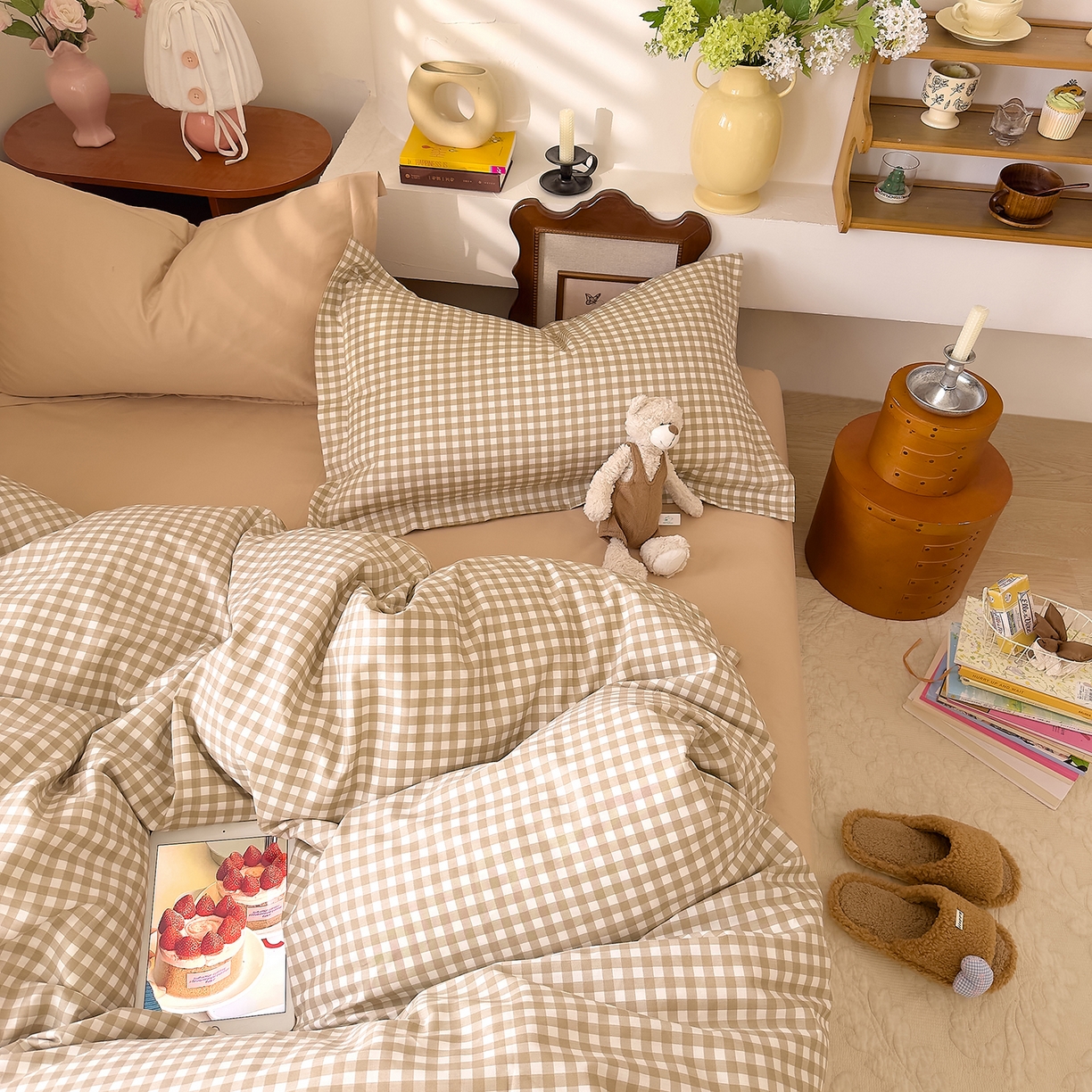 91家纺网 家纺一手货源 找家纺 DoDo 兜兜 2026年全棉纯棉ins风小清新四件套 太妃奶盖-枕套1对格子