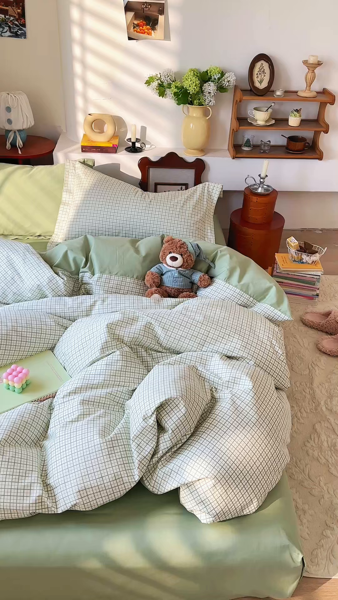 91家纺网 家纺一手货源 找家纺 DoDo 兜兜 2026年全棉纯棉ins风小清新四件套 青提奶盖-枕套混搭（格子+纯色）