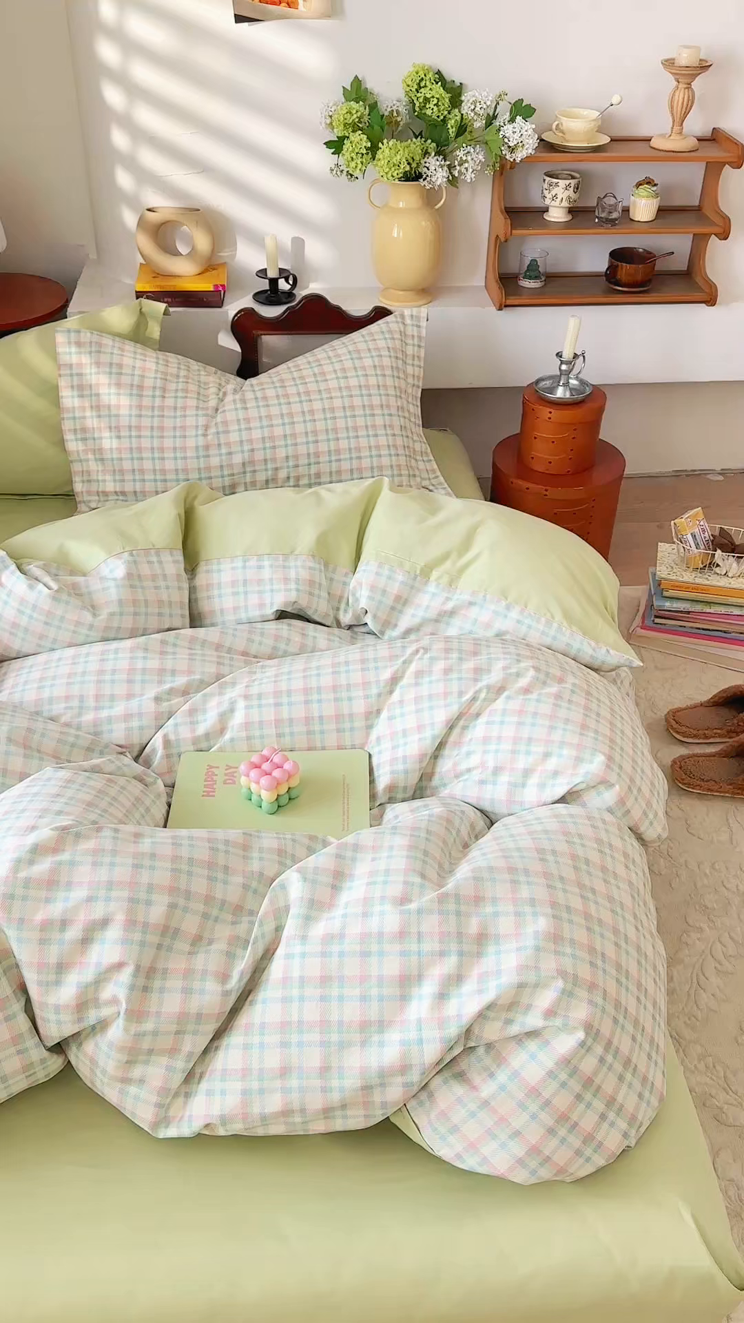 91家纺网 家纺一手货源 找家纺 DoDo 兜兜 2026年全棉纯棉ins风小清新四件套 彩虹奶盖-枕套混搭（格子+纯色）