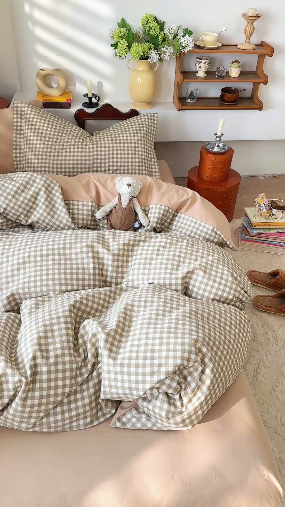 91家纺网 家纺一手货源 找家纺 DoDo 兜兜 2026年全棉纯棉ins风小清新四件套 太妃奶盖-枕套混搭（格子+纯色）