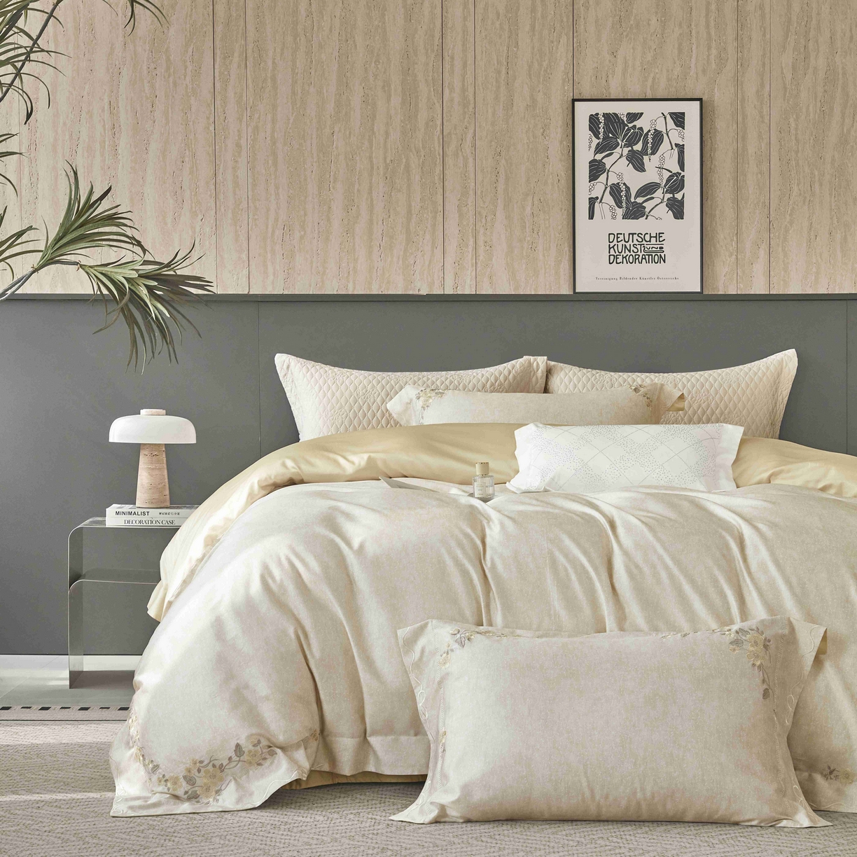 91家纺网 家纺一手货源 找家纺 榻尚家居 2026新款天丝棉绣花四件套-阑珊 香槟米