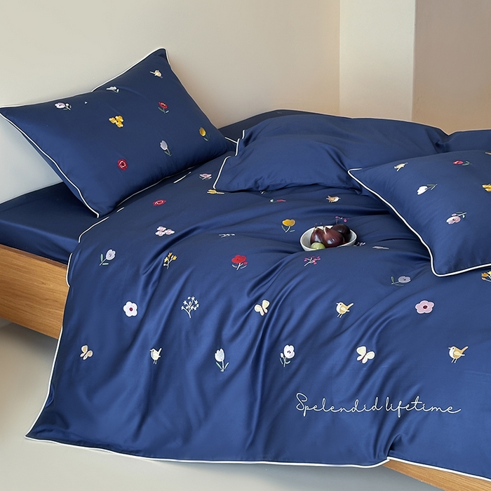 波比可可 2026春夏新款100支50s双股长绒棉纯棉全棉居家轻奢刺绣四件套 花影 蓝