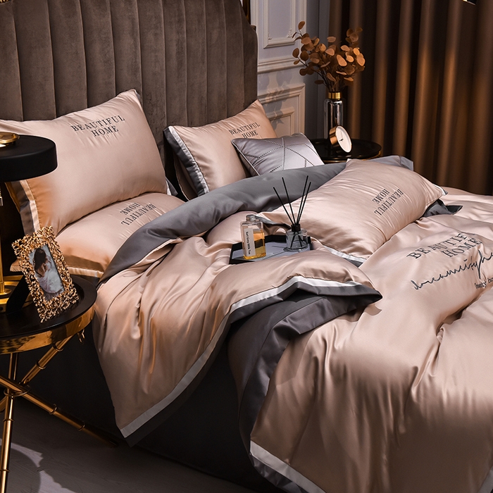 91家纺网 家纺一手货源 找家纺 首尔家纺 2026春夏新款水洗真丝绣花四件套寐系列 太妃咖