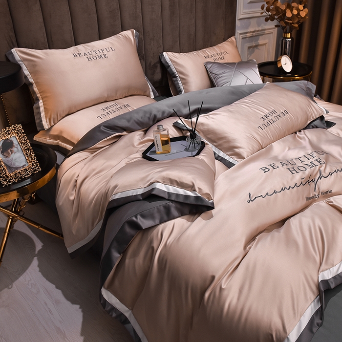 91家纺网 家纺一手货源 找家纺 首尔家纺 2026春夏新款水洗真丝绣花四件套寐系列 太妃咖