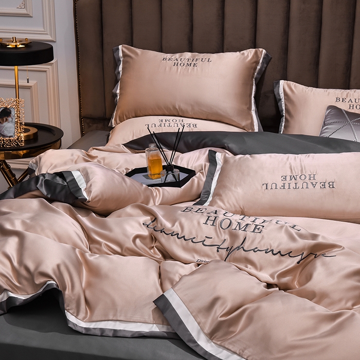 91家纺网 家纺一手货源 找家纺 首尔家纺 2026春夏新款水洗真丝绣花四件套寐系列 太妃咖