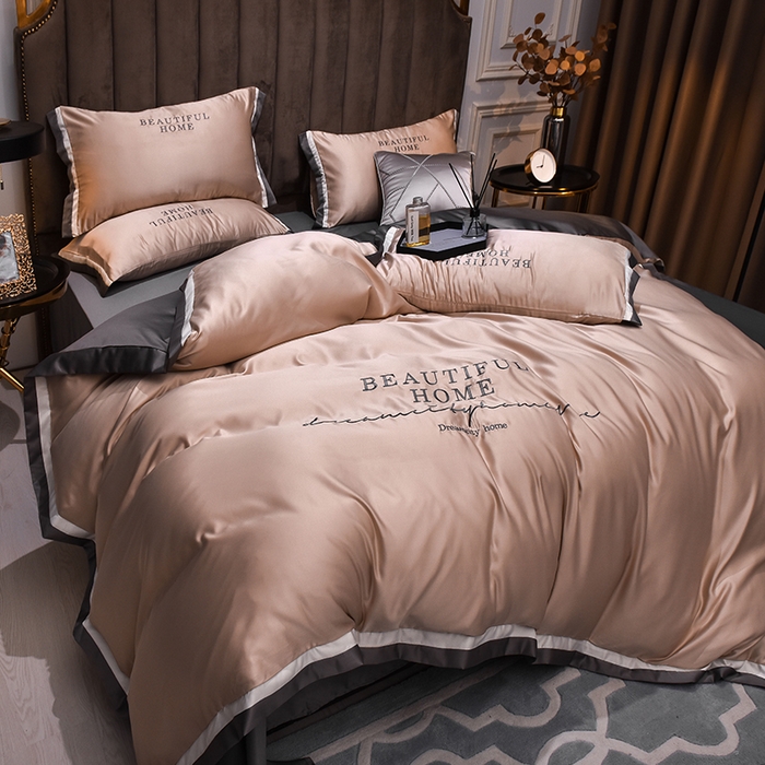 91家纺网 家纺一手货源 找家纺 首尔家纺 2026春夏新款水洗真丝绣花四件套寐系列 太妃咖