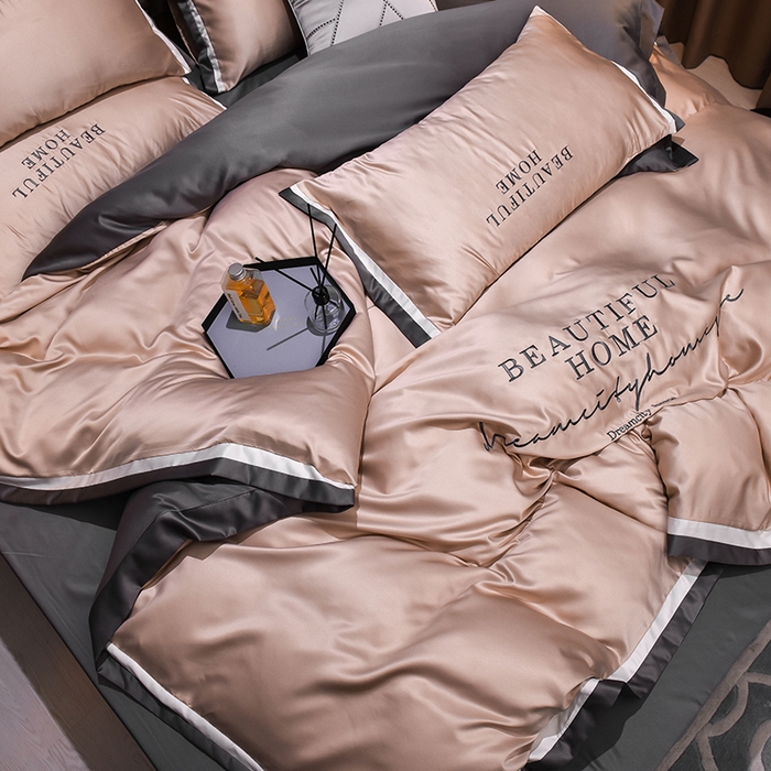 91家纺网 家纺一手货源 找家纺 首尔家纺 2026春夏新款水洗真丝绣花四件套寐系列 太妃咖