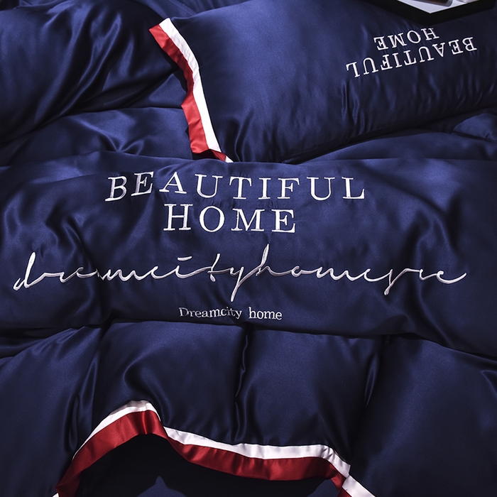 91家纺网 家纺一手货源 找家纺 首尔家纺 2026春夏新款水洗真丝绣花四件套寐系列 深蓝