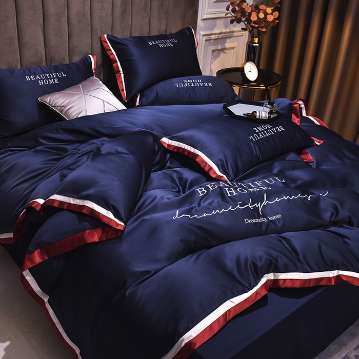 91家纺网 家纺一手货源 找家纺 首尔家纺 2026春夏新款水洗真丝绣花四件套寐系列 深蓝