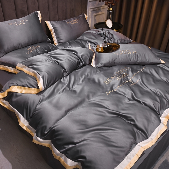 91家纺网 家纺一手货源 找家纺 首尔家纺 2026春夏新款水洗真丝绣花四件套寐系列 银灰