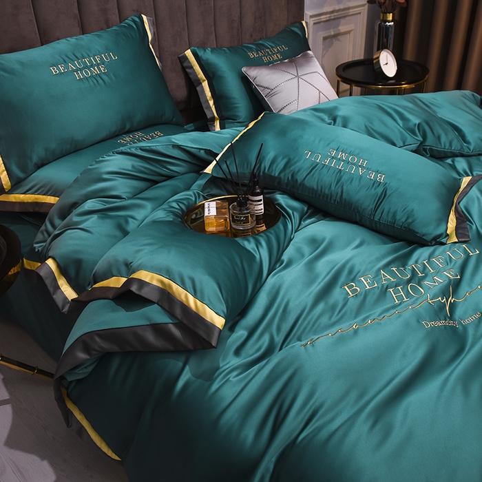 91家纺网 家纺一手货源 找家纺 首尔家纺 2026春夏新款水洗真丝绣花四件套寐系列 原野绿