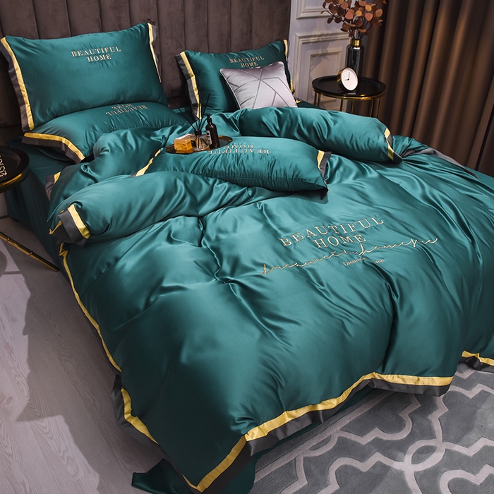 91家纺网 家纺一手货源 找家纺 首尔家纺 2026春夏新款水洗真丝绣花四件套寐系列 原野绿