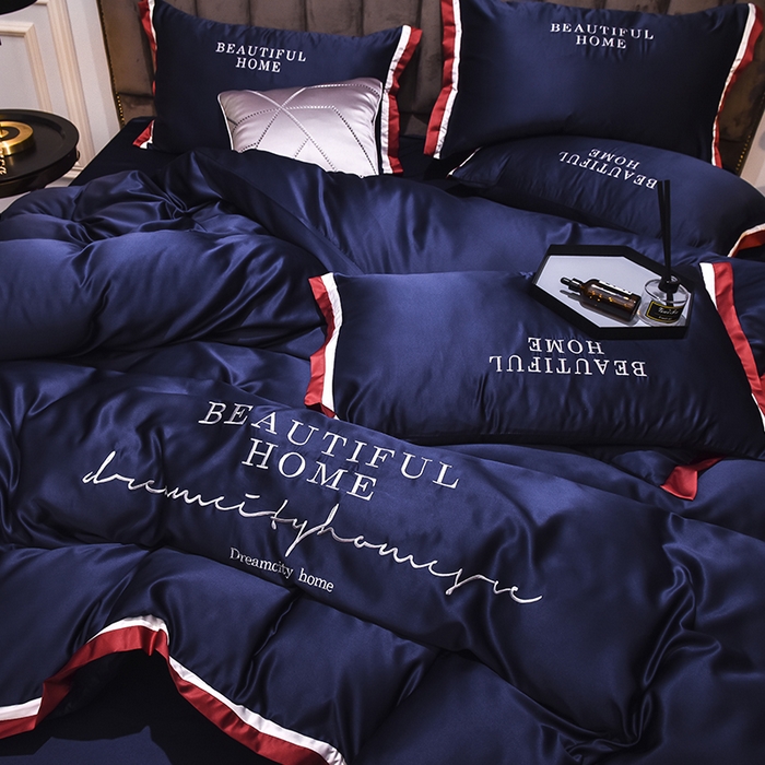 91家纺网 家纺一手货源 找家纺 首尔家纺 2026春夏新款水洗真丝绣花四件套寐系列 深蓝