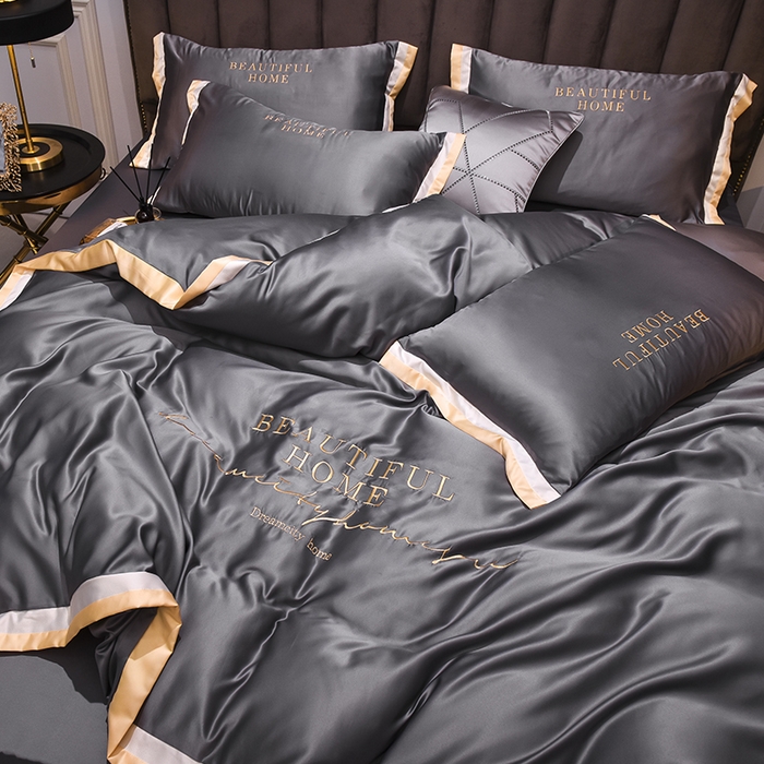 91家纺网 家纺一手货源 找家纺 首尔家纺 2026春夏新款水洗真丝绣花四件套寐系列 银灰